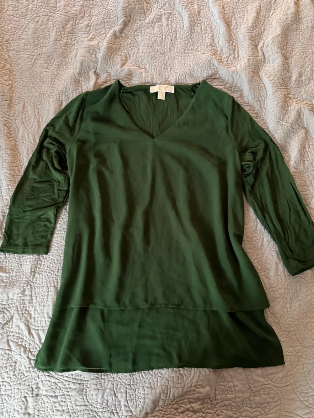 Michael Kors  V-Neck Layered Hem Top in Forest Green